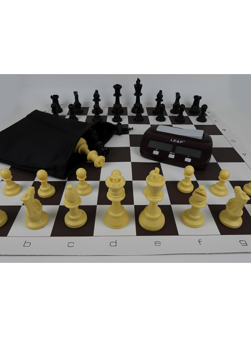 AMSTERDAM Set - Plastic Chess Pieces 95mm + Vinyl Chessboard 55mm + Clock