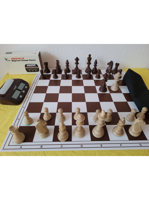 GRAND LUX Set - Tournament 6 wooden chess pieces 98mm + foldable chessboard 55mm + clock